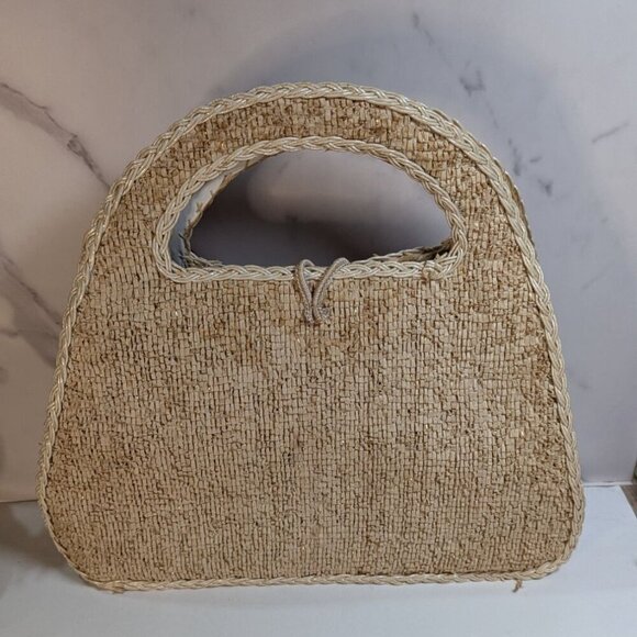 Handcrafted Straw Tote Bag With Floral Embellishments & Dual Handles 15 x 13 x 4 - Picture 2 of 12